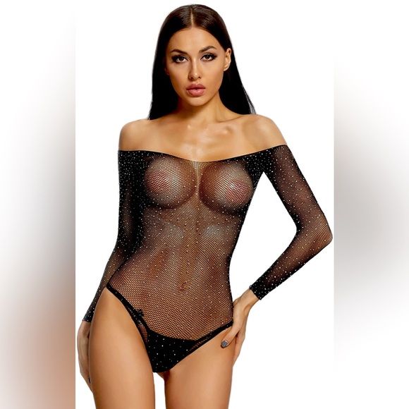 NWT Sexy Sparkle Rhinestone Teddy Fishnet Long Sleeve One Piece Bodysuit Black - Picture 2 of 6